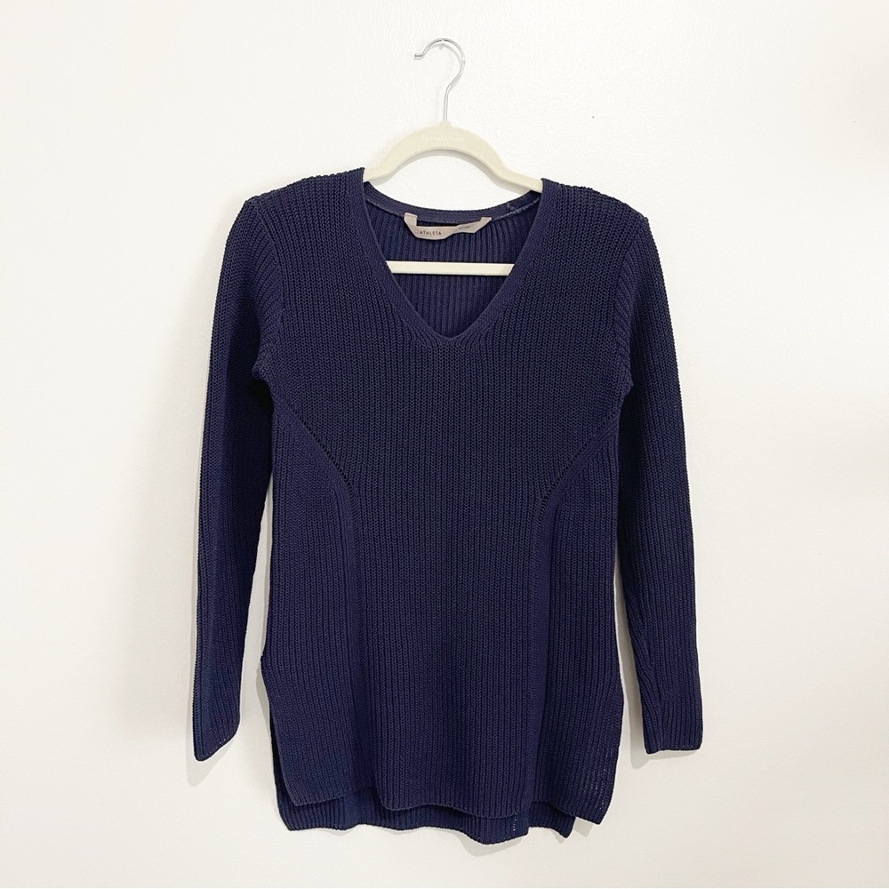 Athleta Navy Highline Pullover Sweater Tunic V-Neck Cotton Blend Women’s Size XS - Picture 3 of 7